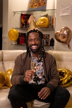 Smiling man wearing party hat, holding champagne amidst festive decor.