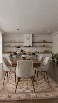 Elegant kitchen with modern decor and minimalist design, featuring a wooden dining table and stylish chairs.