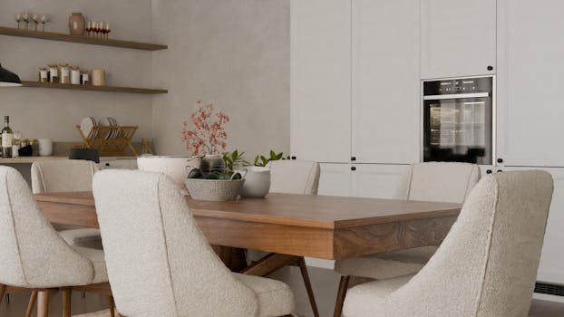 Stylish kitchen featuring modern decor, wooden table, and chic chairs in a cozy setting.