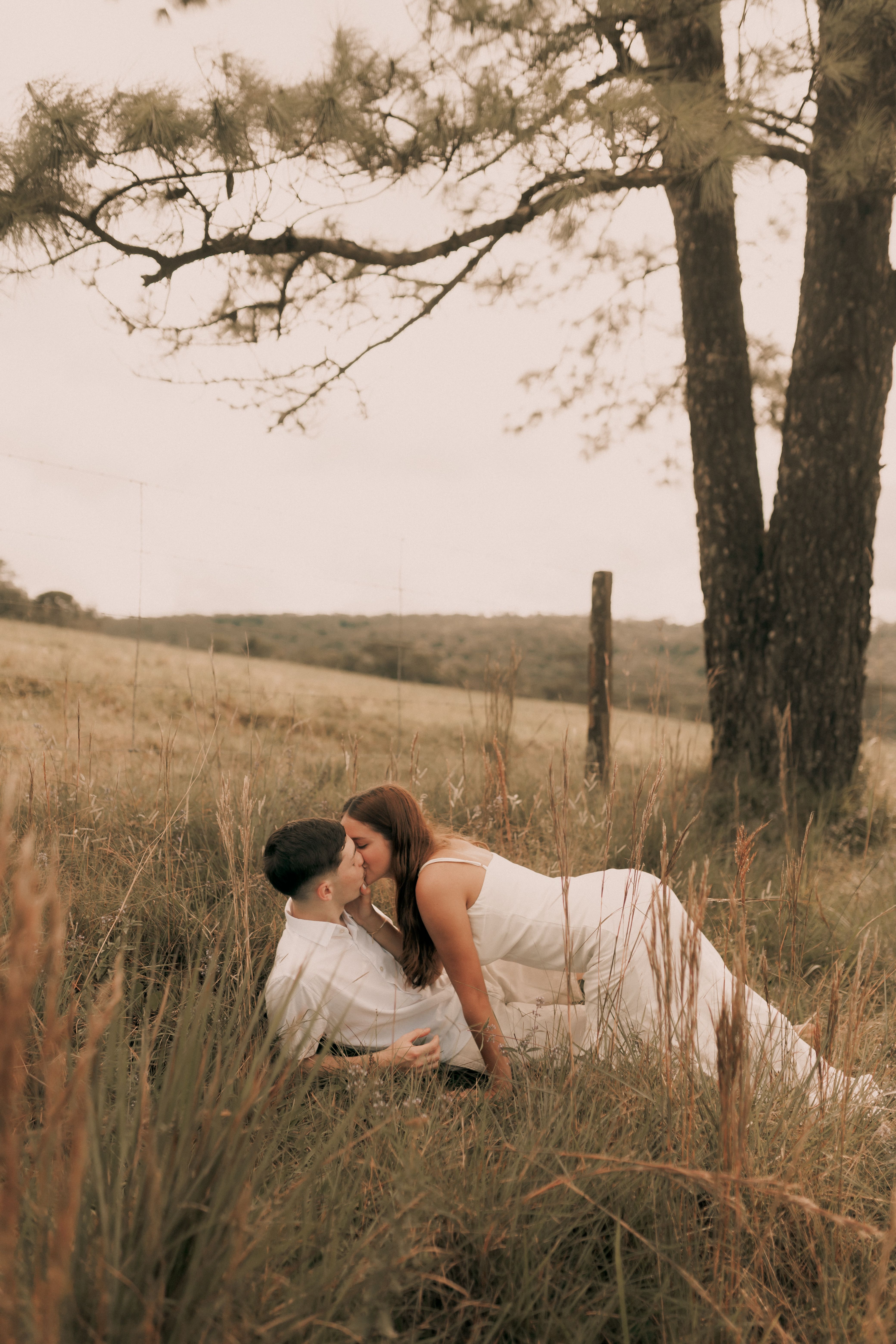 A couple kissing in a peaceful rural landscape, surrounded by grass and trees.