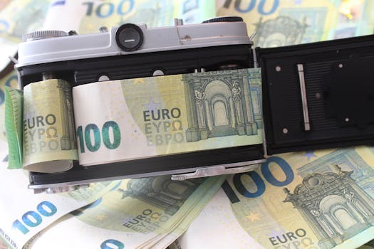 Vintage camera filled with 100 euro banknotes, symbolizing wealth and photography.
