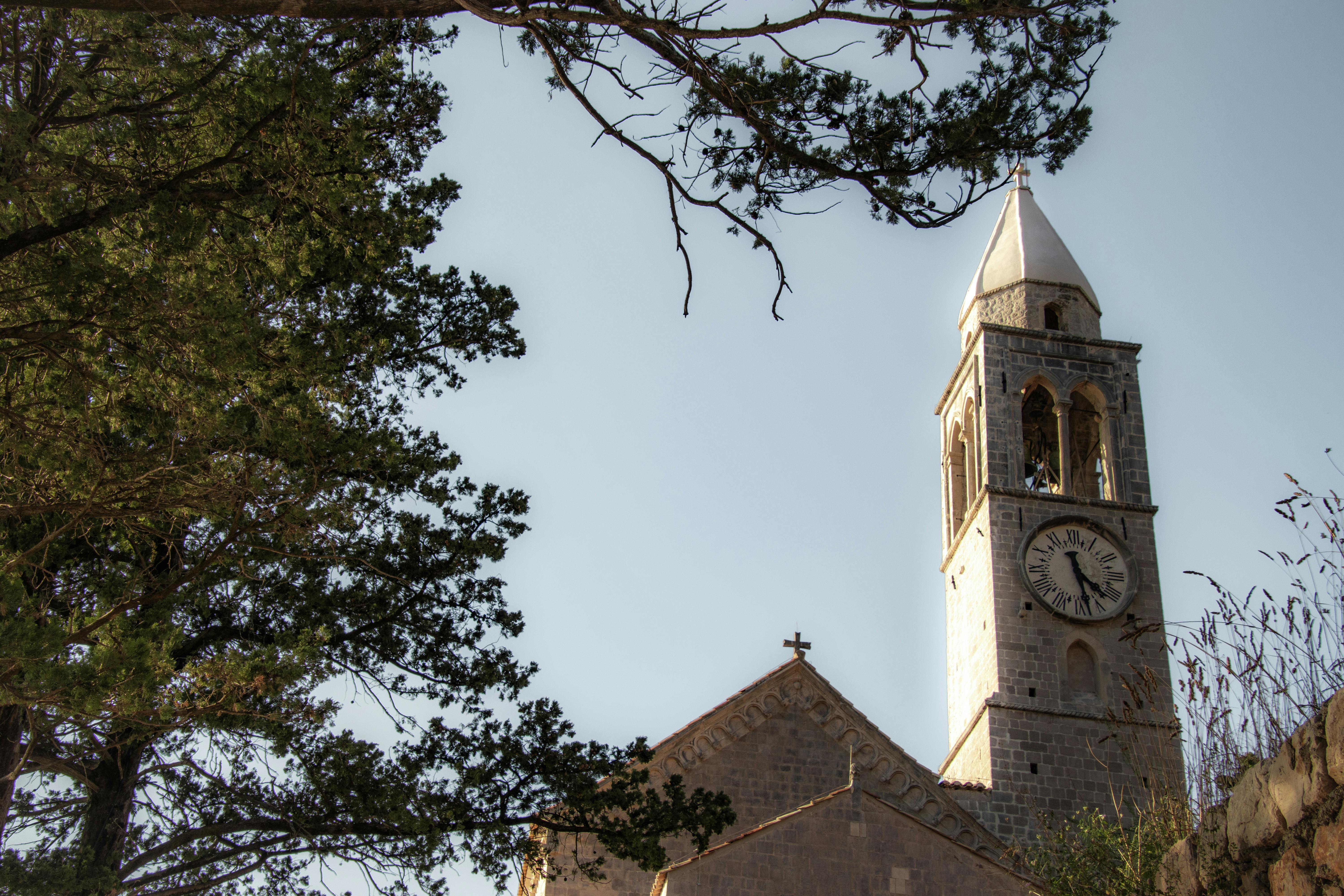 Scenic view of the historic church tower amidst lush greenery in Lopud, Croatia.