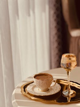 Stylish coffee and water set on a sunlit table in Ankara, creating a warm and inviting ambiance.