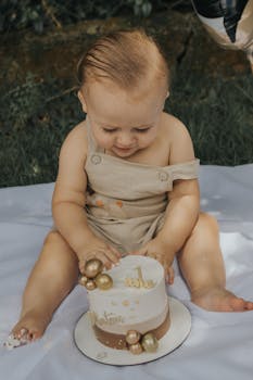 Cute baby enjoying his first birthday cake in an outdoor setting.