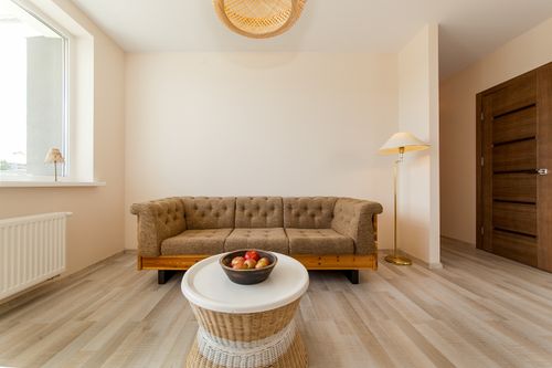 Free Cozy minimalist living room with tufted sofa and potted plant decor. Stock Photo