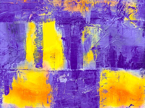 Colorful abstract painting with bold purple and yellow textures.
