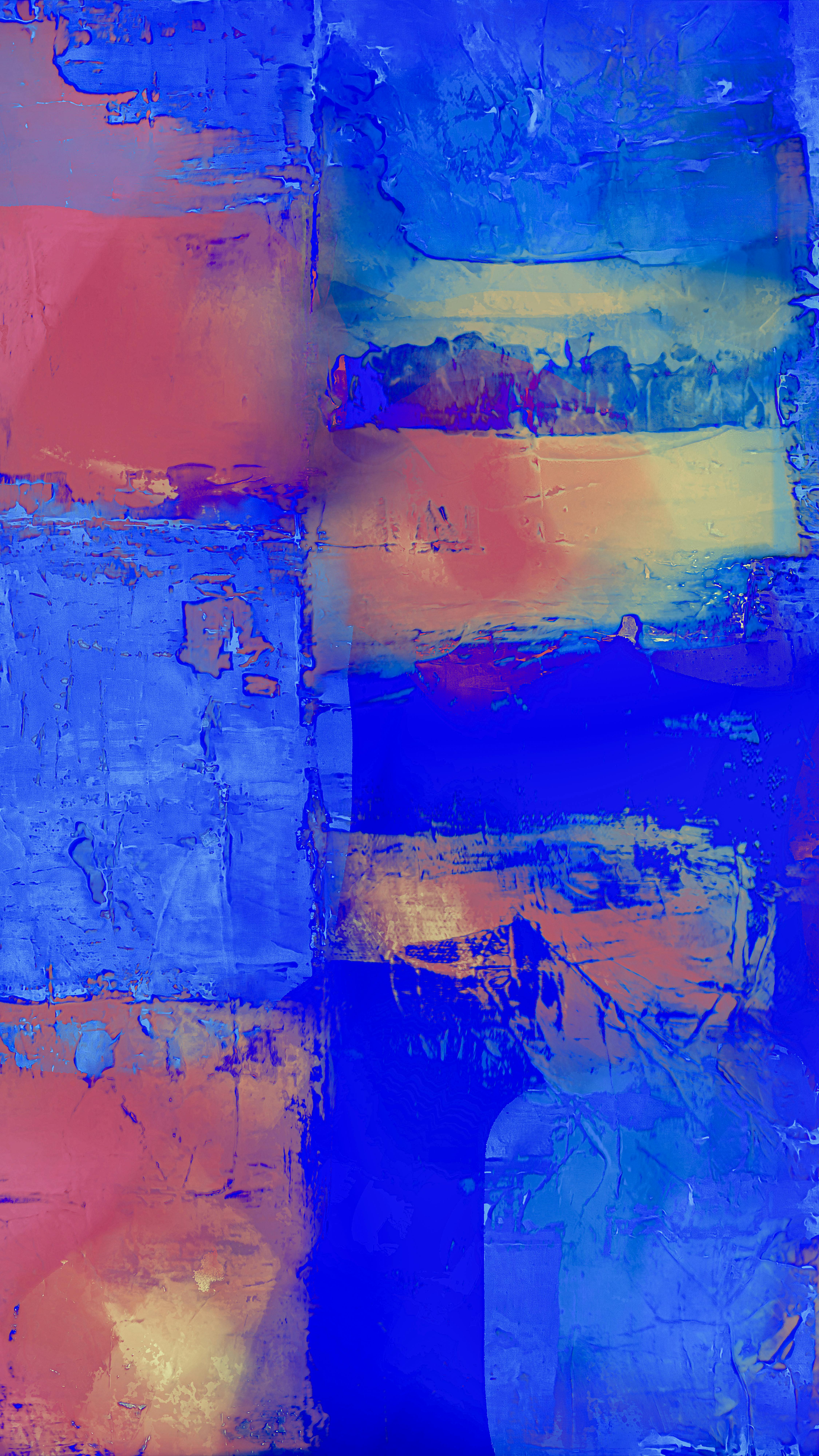 Colorful abstract expressionism painting with vivid blue and orange hues.