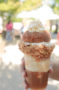 Close-up of creamy ice cream shake topped with a donut and nuts in a sunny outdoor setting.