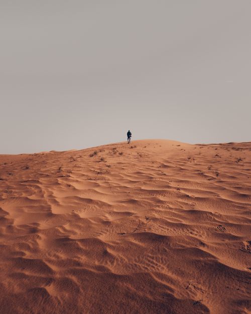 Free A lone figure walks across the striking dunes of the Algerian Sahara Desert at twilight. Stock Photo