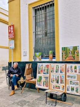 A street painter in Sevilla with vibrant landscape paintings on display.