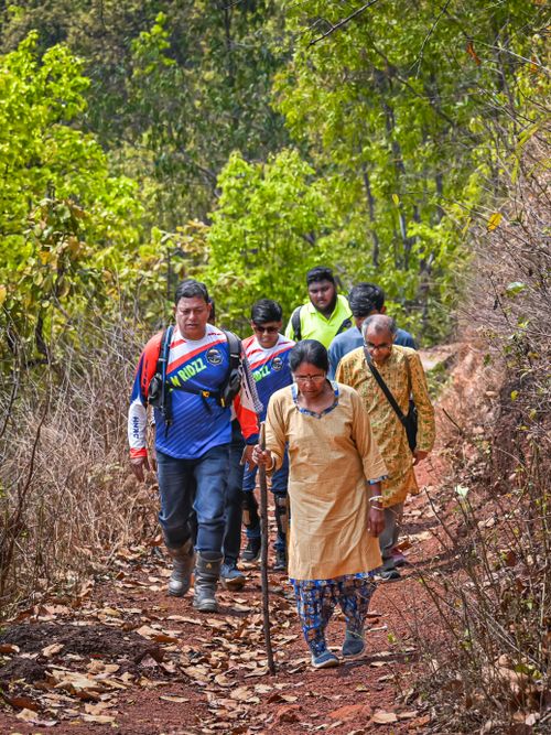 Free A group of people hiking through the lush forests of Ghatshila, Jharkhand, India. Stock Photo