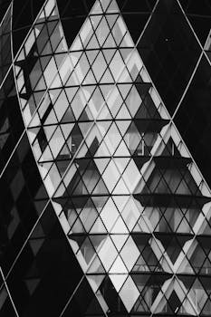 Black and white abstract view of the Gherkin's geometric patterns.
