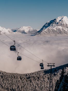 Breathtaking view of cable cars over the snow-laden Alps in Tirol, Austria's winter wonderland.