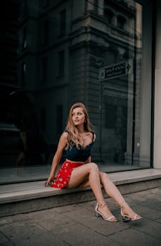 Elegant woman posing by a city window in trendy attire during a photoshoot.