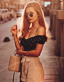 Fashionable woman with sunglasses posing on a sunlit city street in casual summer attire.