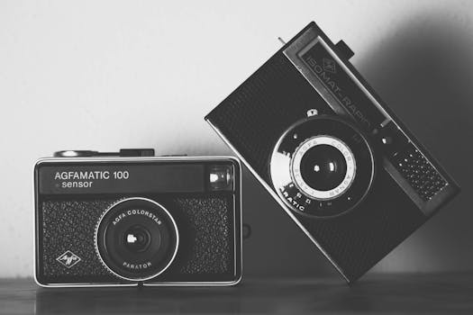 Two classic Agfa cameras showcased in artistic black and white for a retro feel.