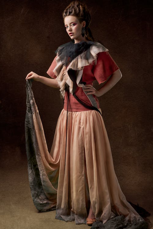 Woman In Brown And Red Long Dress