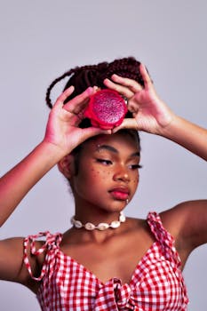 Stylish portrait of a woman in red attire holding a bright fruit with creative makeup.