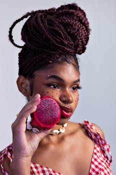 Stylish woman holding dragon fruit, blending beauty and tropical vibes.