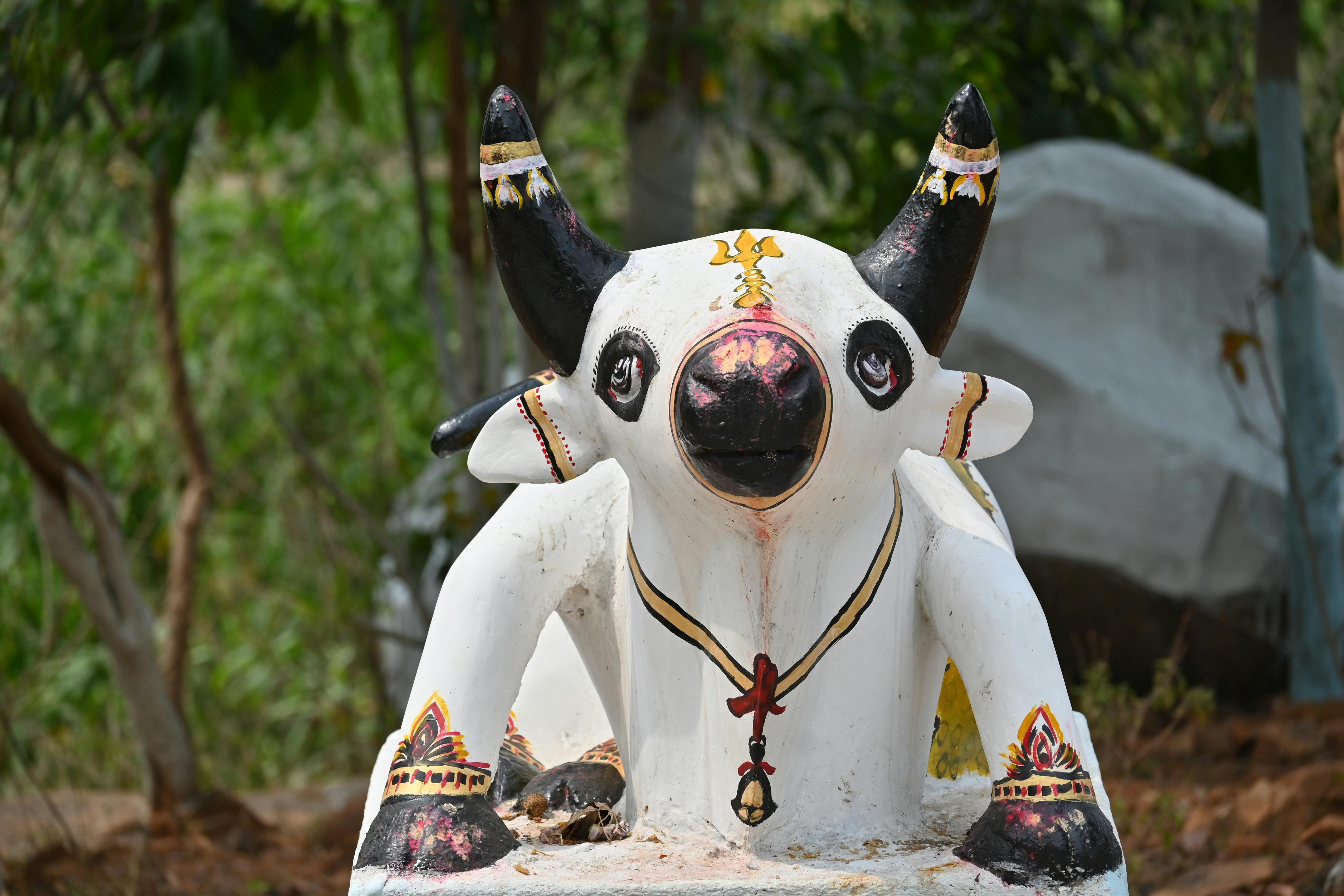 Gratuit Statue décorative de Nandi avec des ornements traditionnels au milieu d'une verdure luxuriante à Ghatshila, Jharkhand. Photos