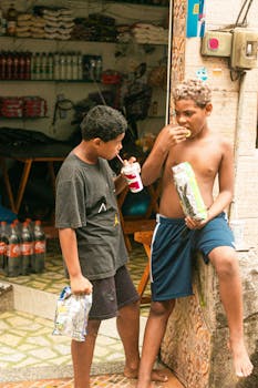 Two boys enjoying snacks outside a small local shop, creating a lively street scene.