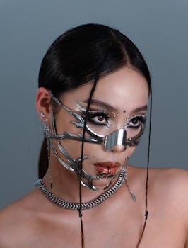 Close-up of a woman in robotic-inspired makeup and accessories, blending fashion and technology.