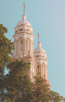 Captivating twin towers of a white cathedral amidst lush greenery in Culiacán, Mexico.