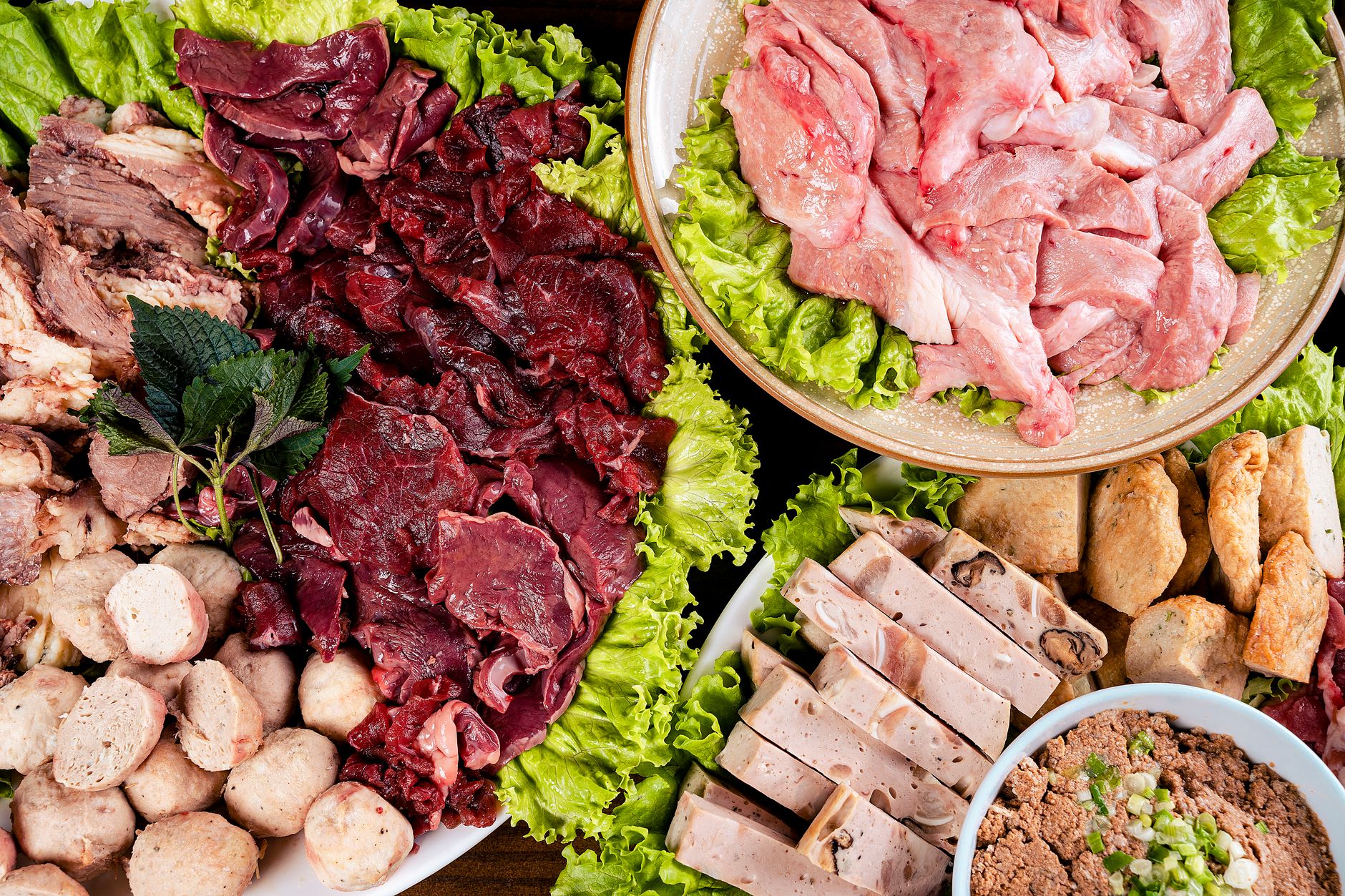 Assorted rabbit organ meats arranged for canine diet