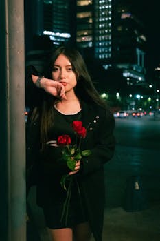 A woman holds red roses on a vibrant night in Ciudad de México, surrounded by illuminated urban landscape.