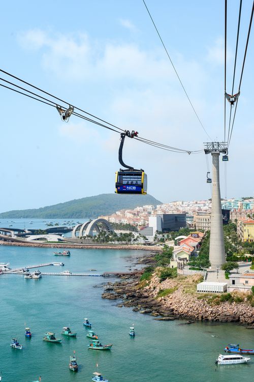 Free A cable car ride offering stunning views over a coastal city with a bustling bay. Stock Photo