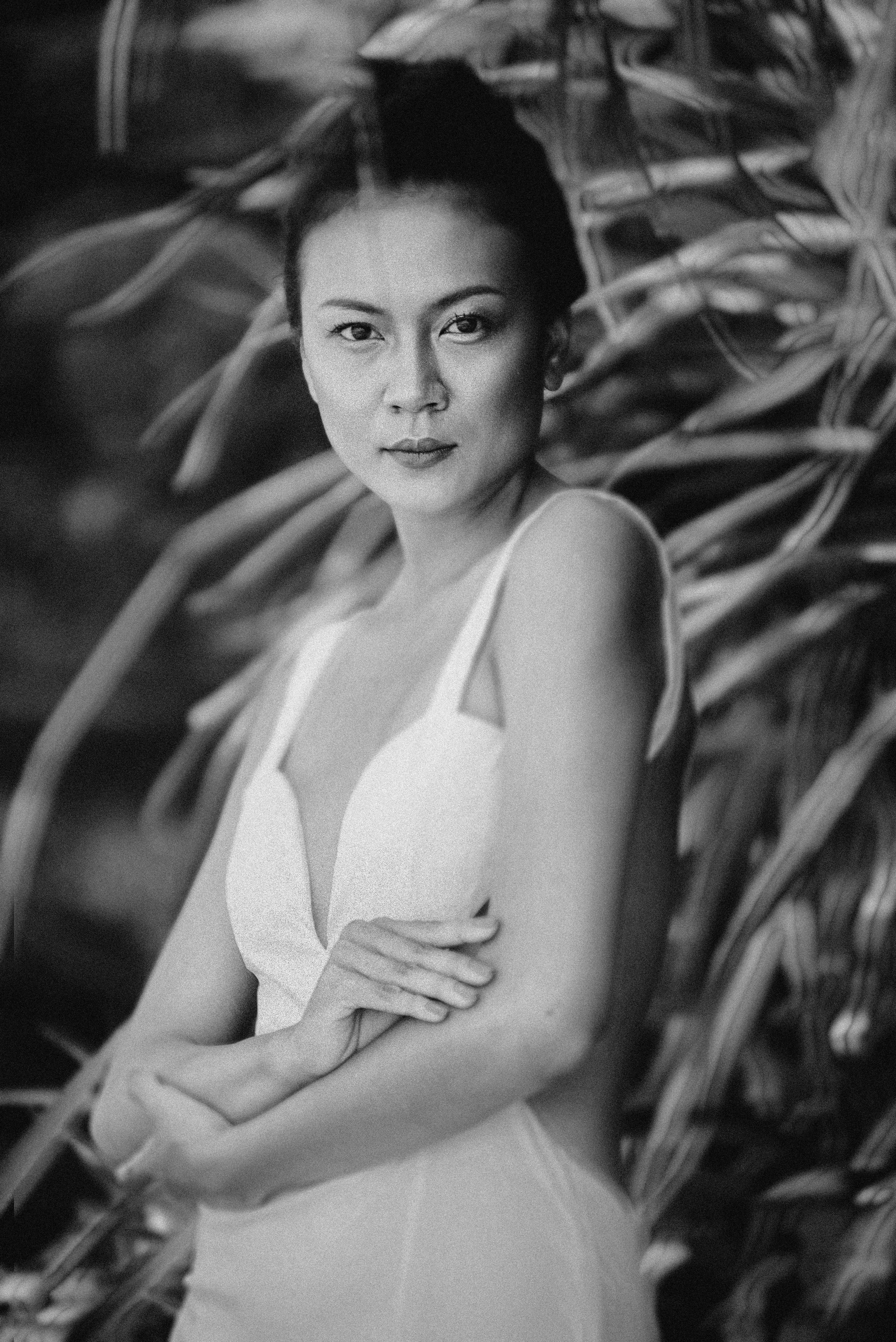 Black and white portrait of a confident woman in Bali, Indonesia.