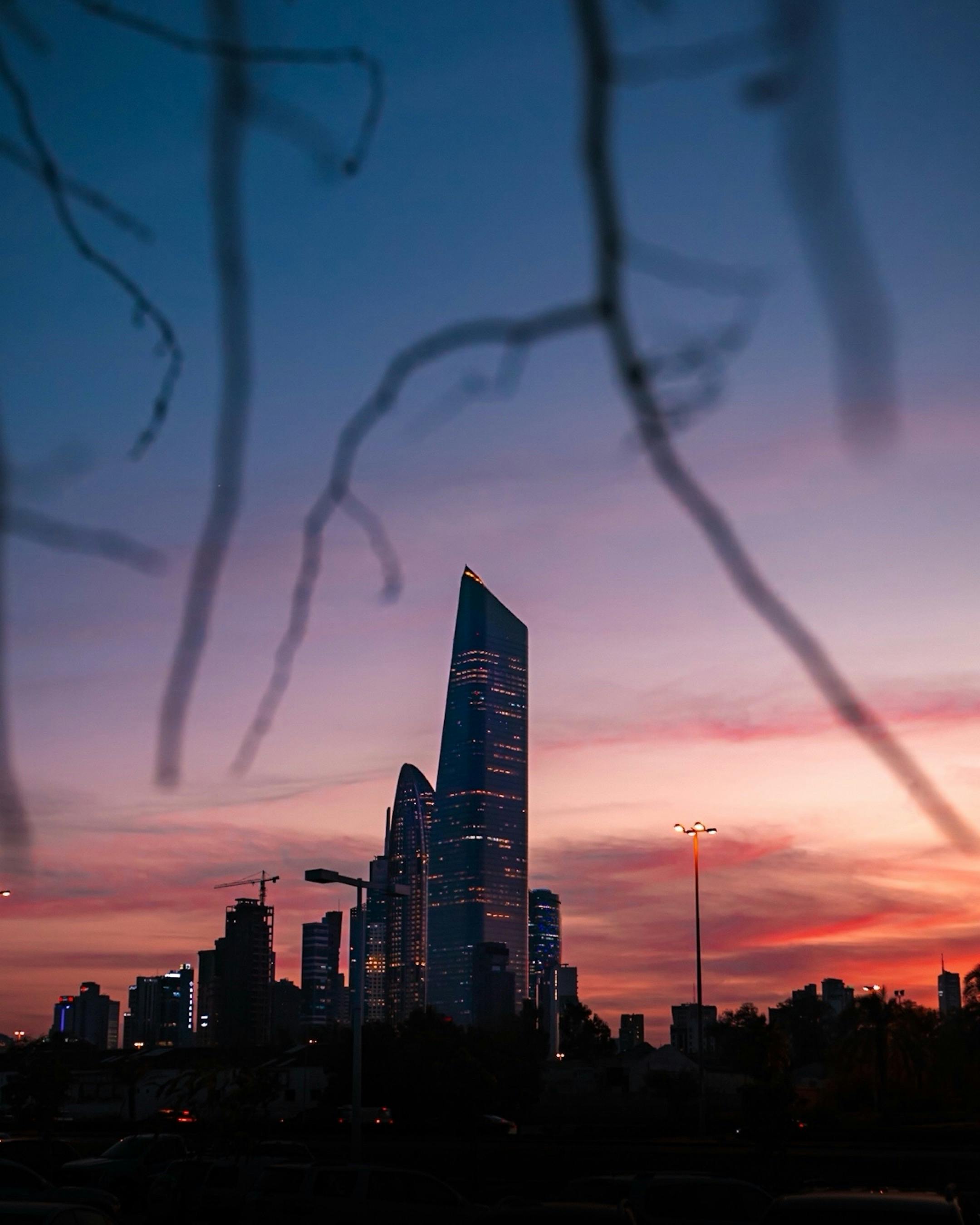 Breathtaking view of city skyline at twilight featuring towering skyscrapers and colorful sky.