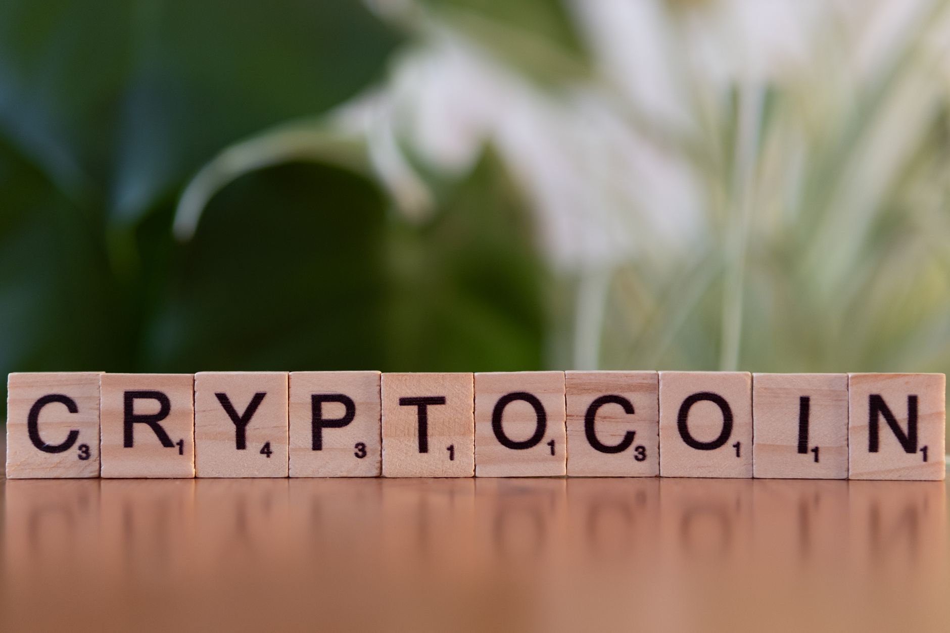 Wooden blocks spelling 'cryptocoin' representing digital currency concept.