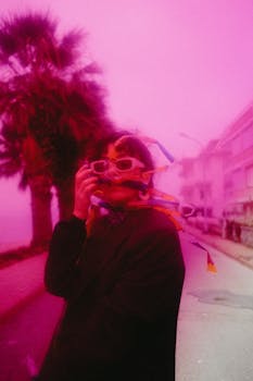 A person in a colorful urban setting with pink hue and palm trees.