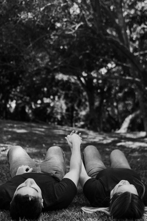 Free A couple lying down on grass in a park, holding hands under trees. Stock Photo
