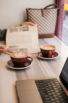 A cozy café table in İstanbul with coffee cups, a newspaper, and a laptop, creating a relaxed vibe.
