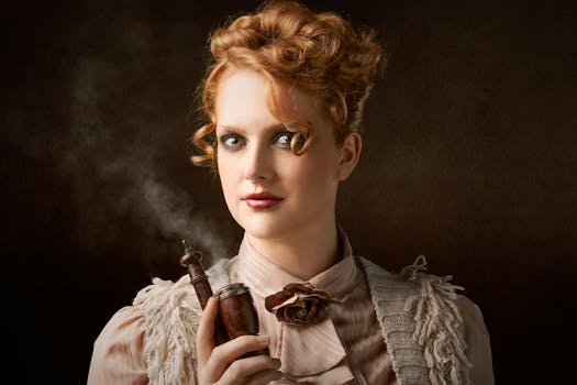 一幅复古风格、手持烟斗的优雅女性肖像，展现了永恒的美丽与经典的魅力