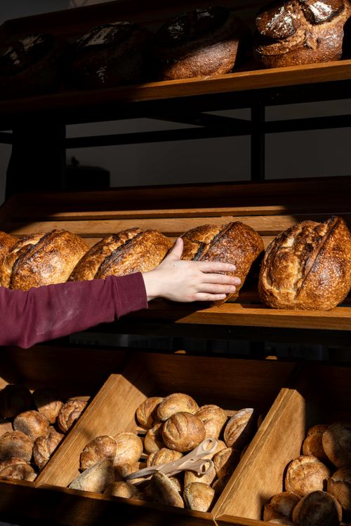 Free A hand reaching for freshly baked artisan bread in a bakery display in Berlin, Germany. Stock Photo