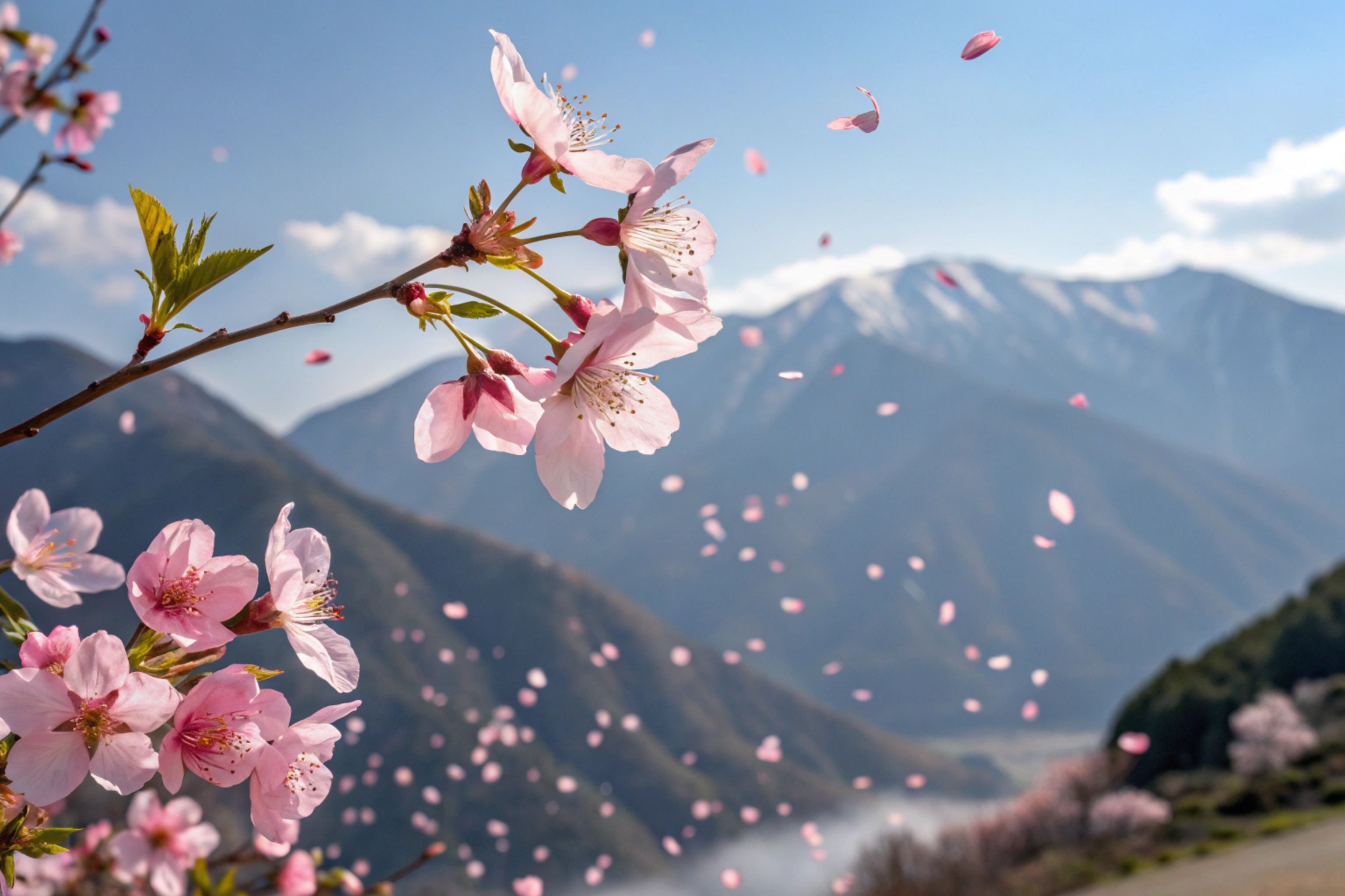 Scenic Cherry Blossoms Against Mountain View · Free Stock Photo