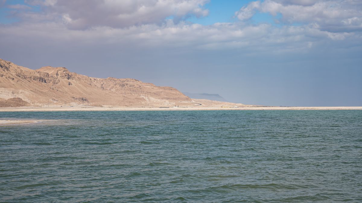 Dead Sea water with salt-crusted rocks along the arid Jordanian shore