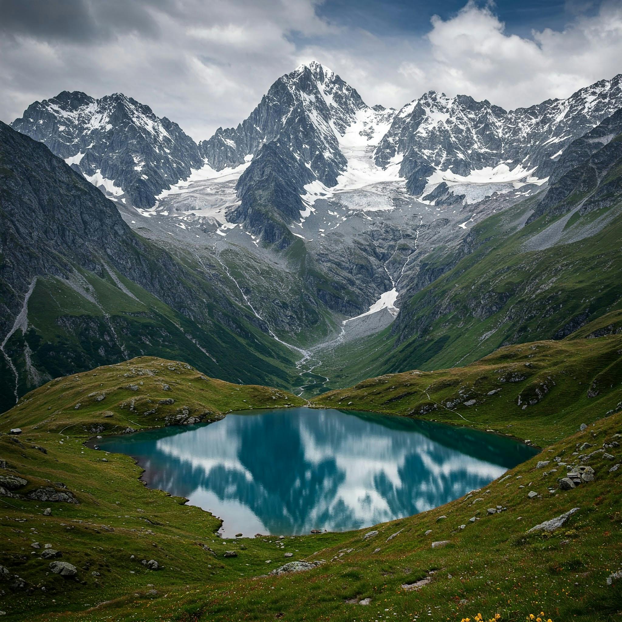 A stunning alpine lake reflecting surrounding snow-capped peaks and lush valleys.