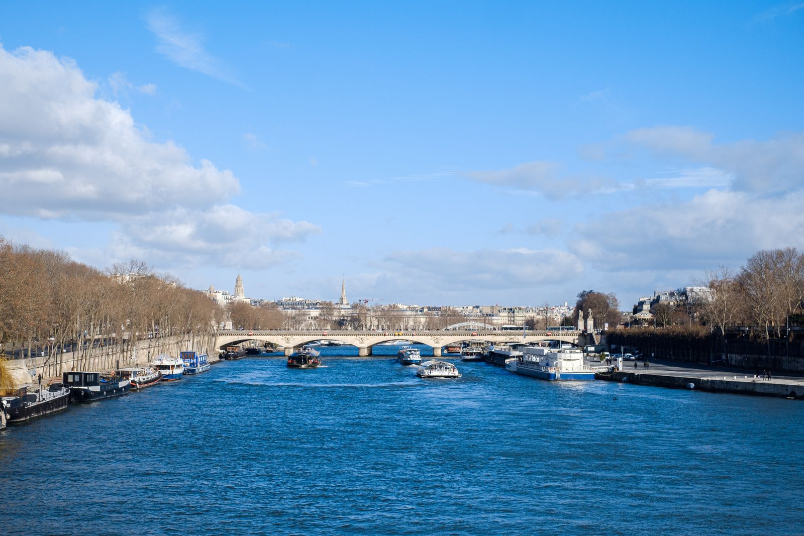 A view along the Seine in Paris in soft afternoon light