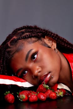 Close-up portrait of woman with braided hair and strawberries, conveying a vivid and creative concept.