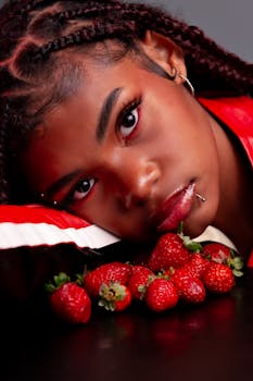 Young woman lying beside fresh strawberries, stylish and colorful portrait.