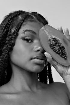 Black and white portrait of a young woman holding a papaya, showcasing natural beauty and fresh produce.