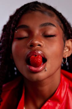 Artistic close-up of a woman holding a strawberry in her mouth, emphasizing color and texture.