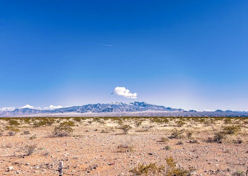 Wide view of a desert landscape in Nevada with distant mountains and clear blue skies.