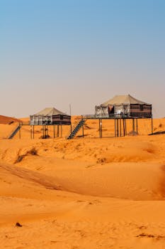 Luxury elevated tents in the stunning desert landscape of Oman, showcasing unique architecture.