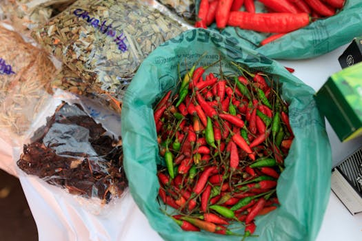 Vibrant display of red and green chili peppers surrounded by various dried spices at a market.