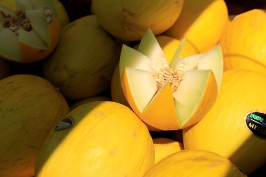 Ripened yellow melons with one cut open, showcasing the fresh interior.